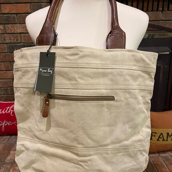 Myra Bag Vintage Style Canvas and Leather Army Tote Bag - Picture 6 of 7